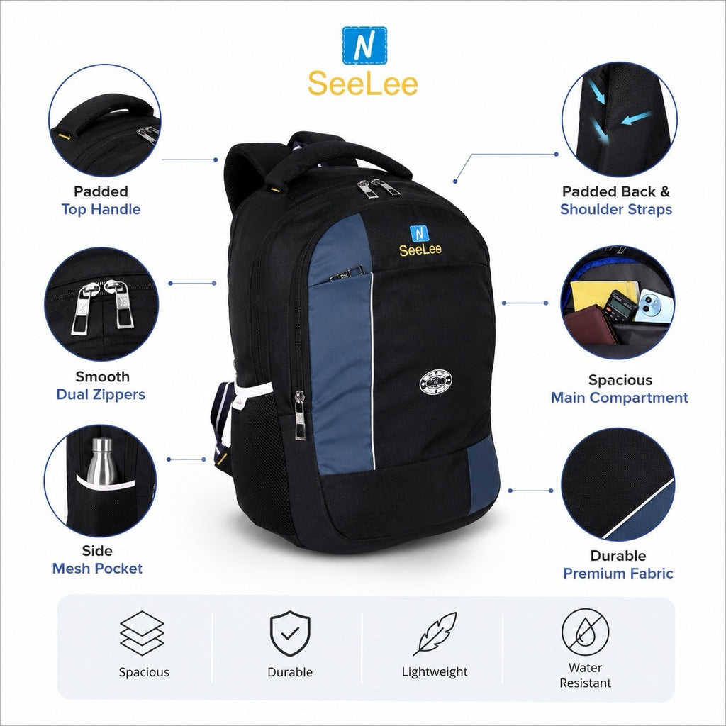 SeeNLee Unisex Laptop Backpack with Multiple Compartments, Bottle Pockets & Padded Shoulder Straps | Spacious School, College, Office & Travel Backpack – Black & Navy Blue