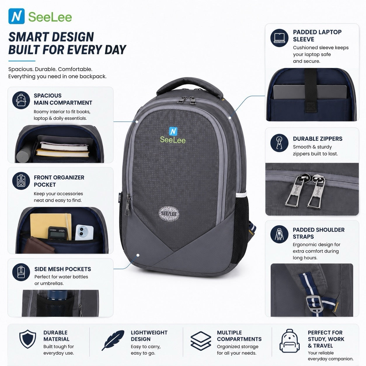 SeeNLee Unisex Laptop Backpack with Multiple Compartments, Bottle Pocket & Padded Shoulder Straps | Spacious School, College, Office & Travel Backpack – Charcoal Grey