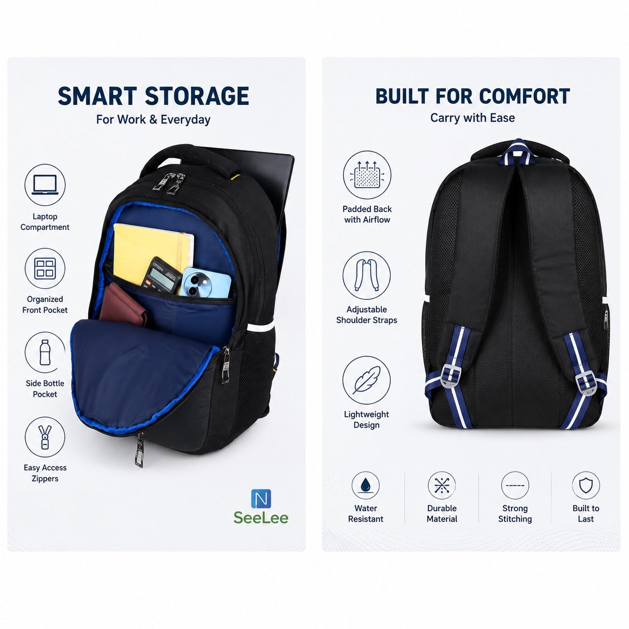 SeeNLee Unisex Laptop Backpack with Multiple Compartments, Bottle Pocket & Padded Shoulder Straps | Spacious School, College, Office & Travel Backpack – Black