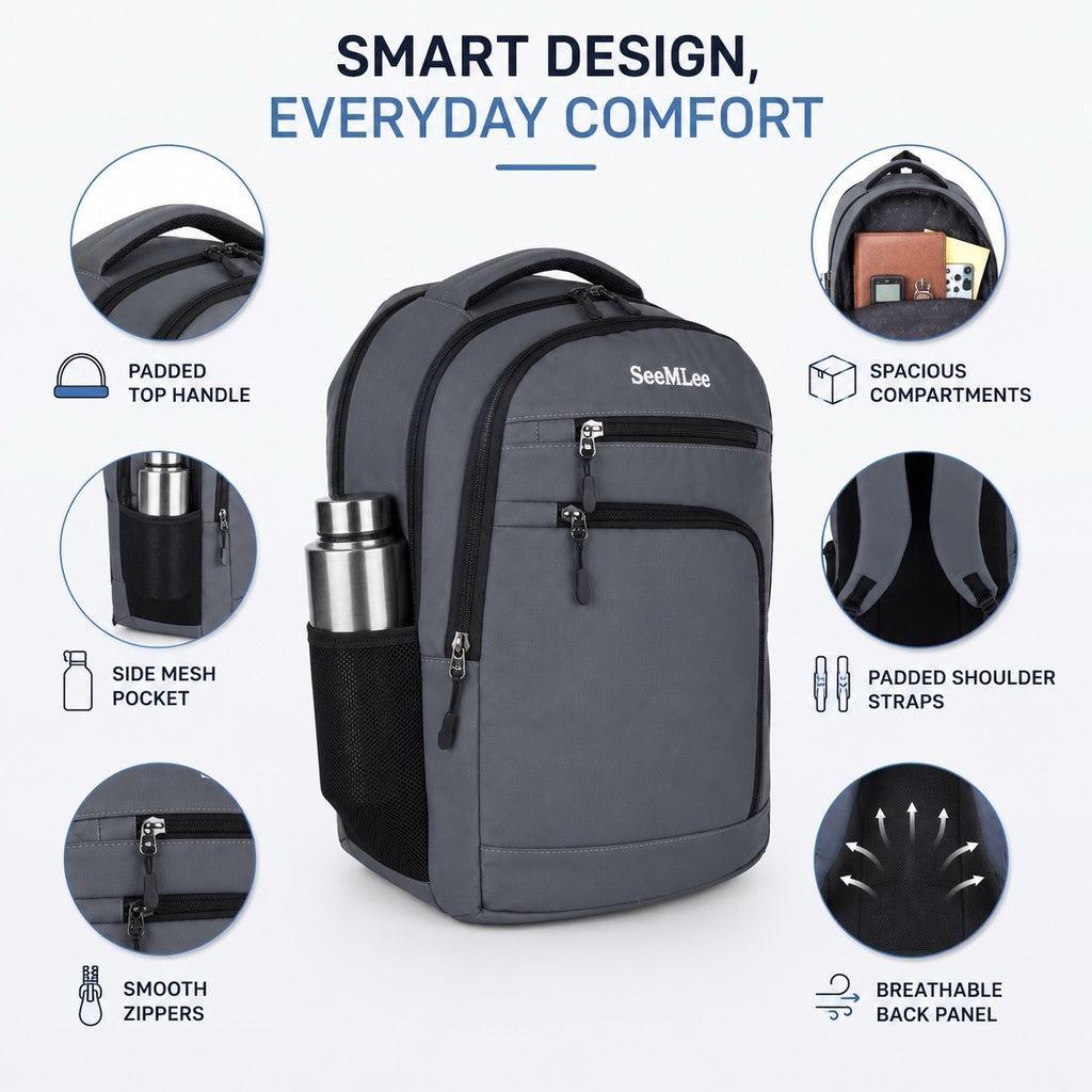 SeeNLee Unisex Laptop Backpack with Multiple Compartments, Quick Access Front Pockets, Bottle Pocket & Padded Shoulder Straps | College, School, Office & Travel Backpack – Grey
