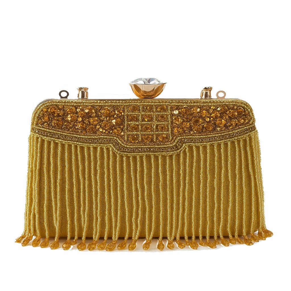 KarryQ Royal Golden Fringe Clutch for Women | Premium Ethnic Wedding, Festive & Party Handbag