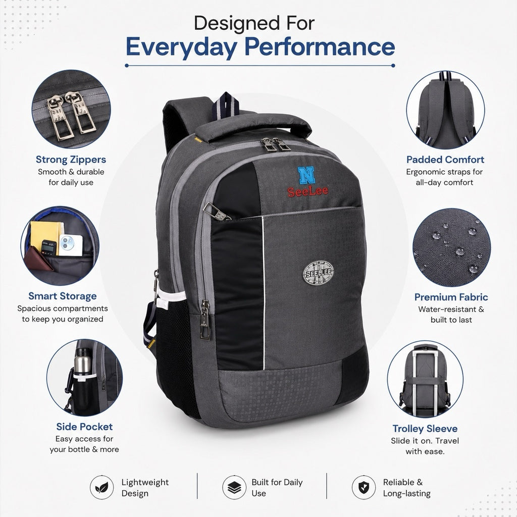 SeeNLee Unisex Laptop Backpack with Multiple Compartments, Bottle Pocket & Padded Shoulder Straps | Spacious College, School, Office & Travel Backpack – Grey & Black