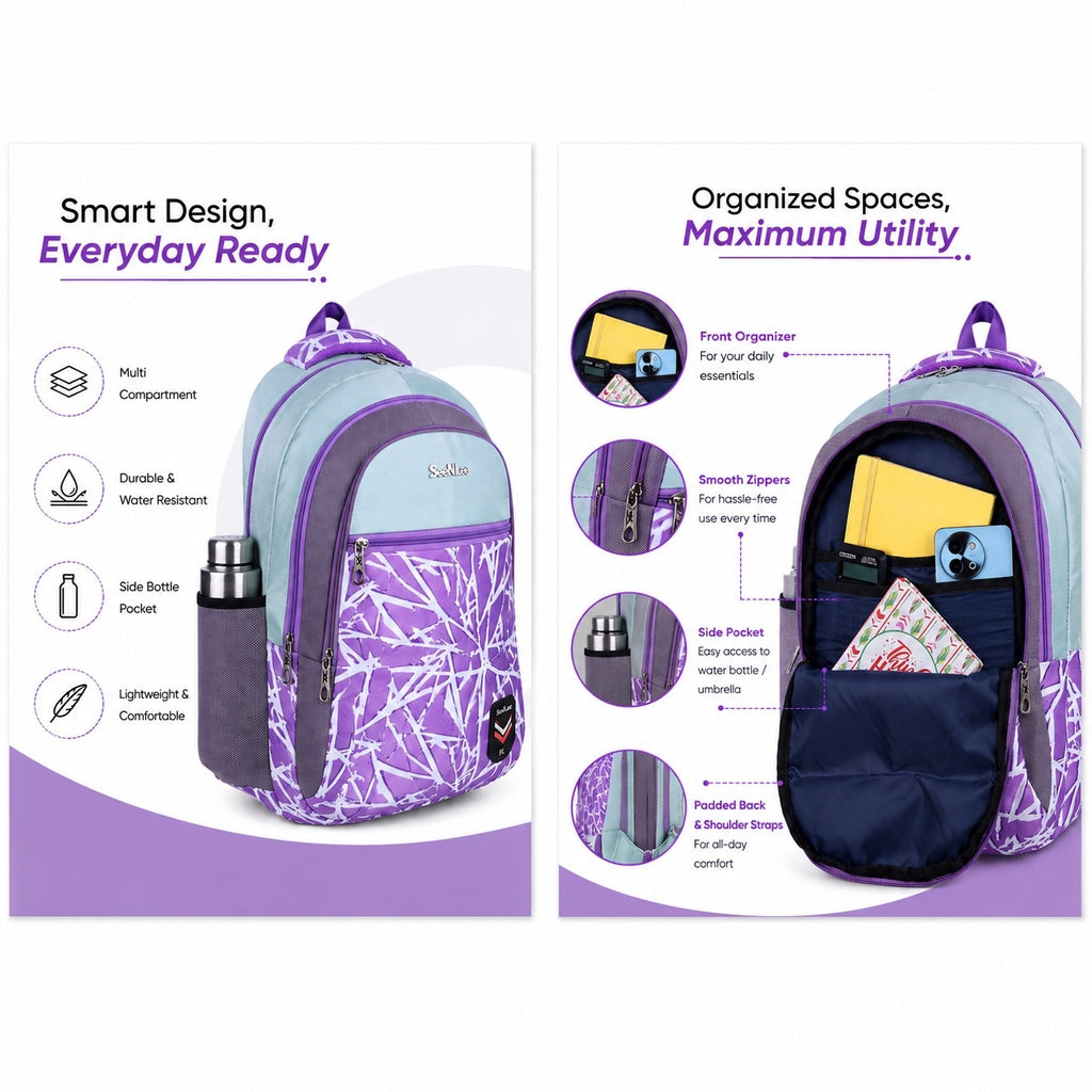 SeeNLee Unisex Printed Laptop Backpack with Multiple Compartments, Bottle Pocket & Padded Shoulder Straps | Spacious College, School, Office & Travel Backpack – Purple & Sky Blue