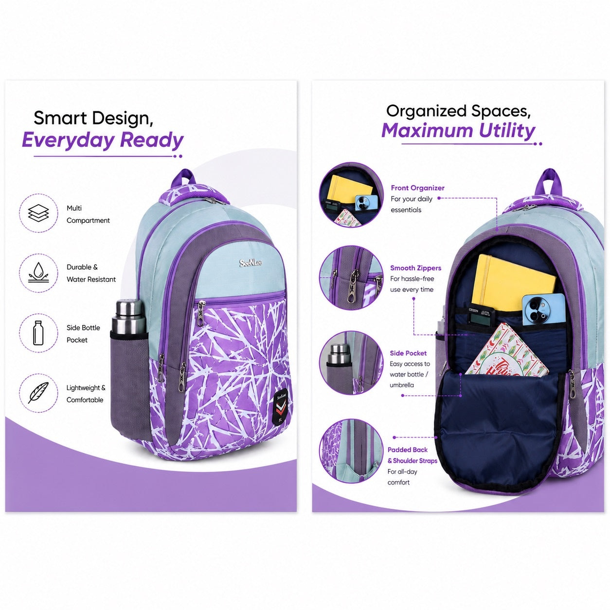 SeeNLee Unisex Printed Laptop Backpack with Multiple Compartments, Bottle Pocket & Padded Shoulder Straps | Spacious College, School, Office & Travel Backpack – Purple & Sky Blue