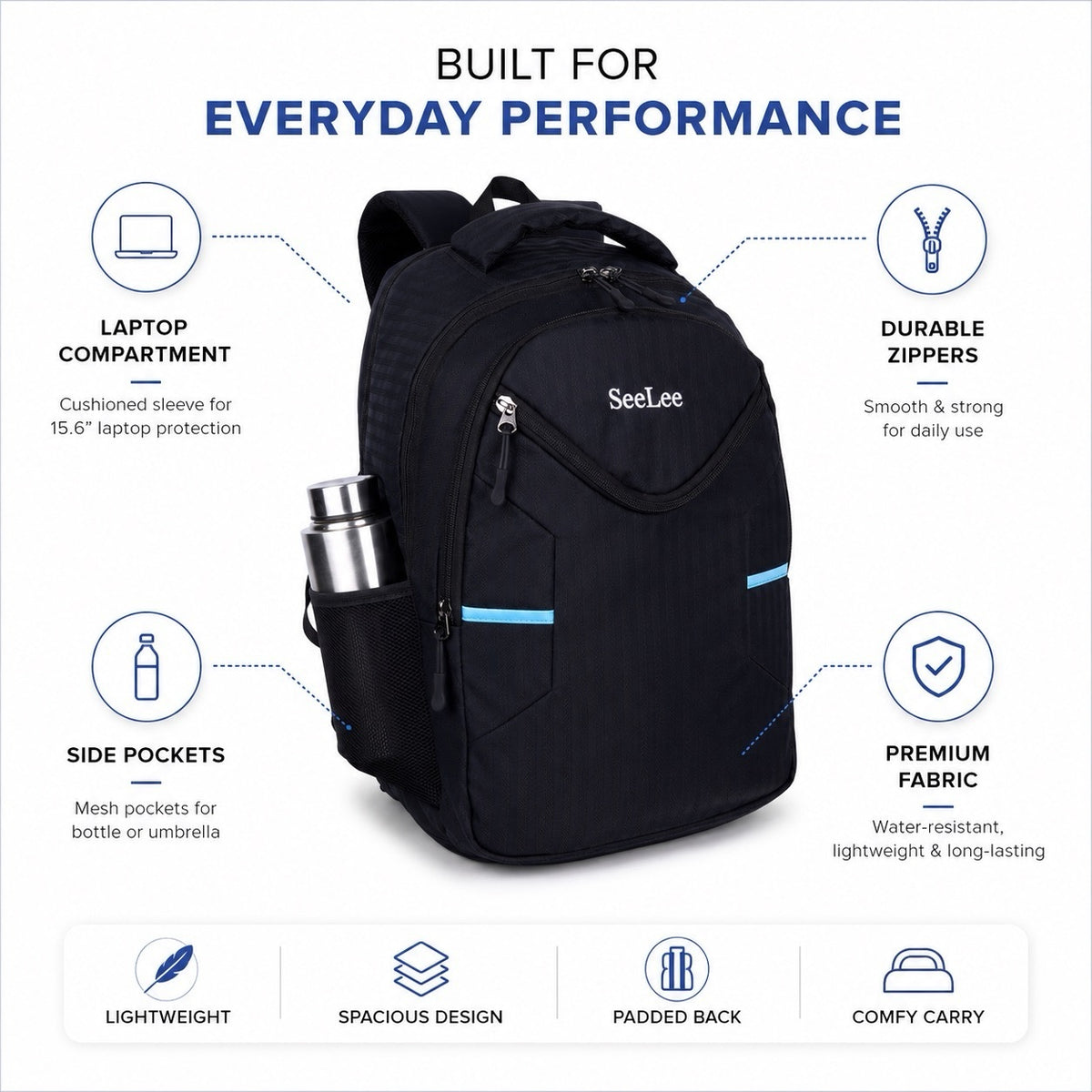 SeeNLee Unisex Laptop Backpack with Multiple Compartments, Bottle Pocket & Padded Shoulder Straps | Spacious School, College, Office & Travel Backpack – Black