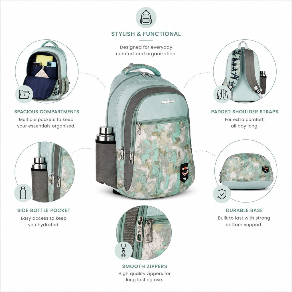 SeeNLee Unisex Printed Laptop Backpack with Multiple Compartments, Bottle Pocket & Padded Shoulder Straps | Spacious School, College, Office & Travel Backpack – Mint Green & Grey