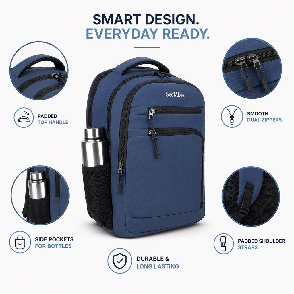 SeeNLee Unisex Laptop Backpack with Multiple Compartments, Quick Access Front Pockets, Bottle Pocket & Padded Shoulder Straps | College, School, Office & Travel Backpack – Navy Blue