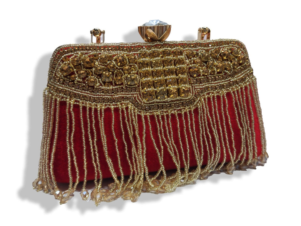 KarryQ Royal Scarlet Red Fringe Clutch for Women | Premium Ethnic Wedding, Festive & Party Handbag