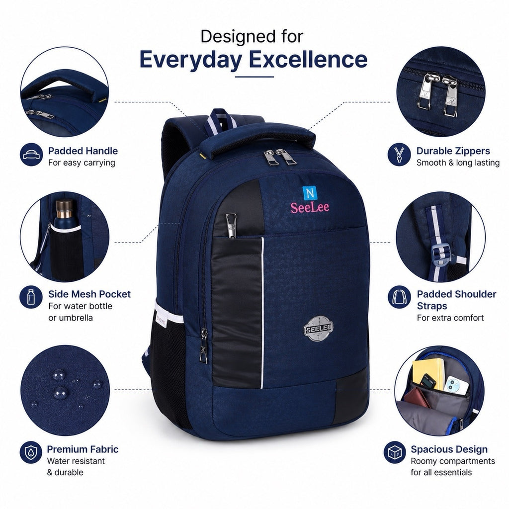 SeeNLee Unisex Laptop Backpack with Multiple Compartments, Bottle Pocket & Padded Shoulder Straps | Spacious College, School, Office & Travel Backpack – Navy Blue & Black