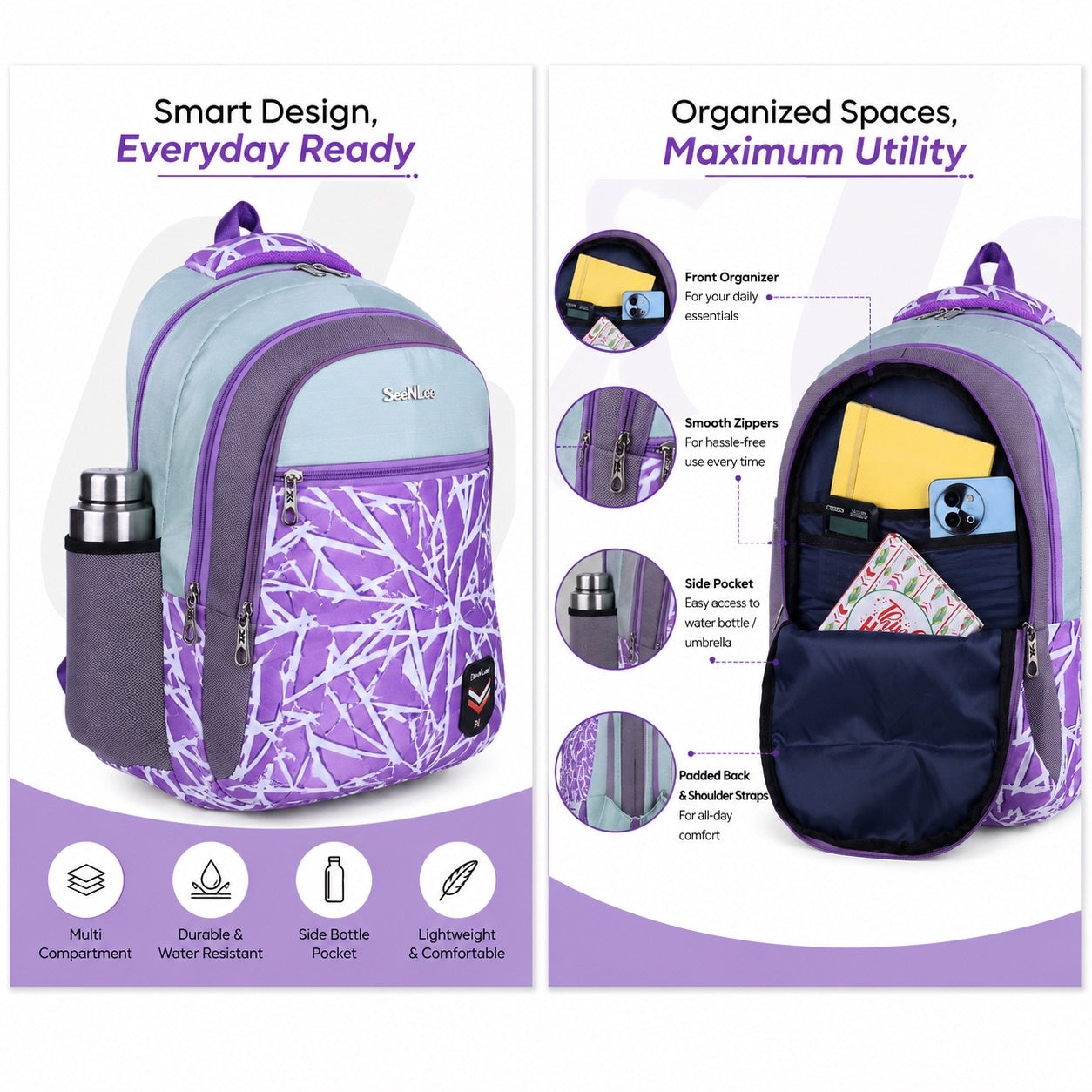 SeeNLee Unisex Printed Laptop Backpack with Multiple Compartments, Bottle Pocket & Padded Shoulder Straps | Spacious College, School, Office & Travel Backpack – Purple & Sky Blue