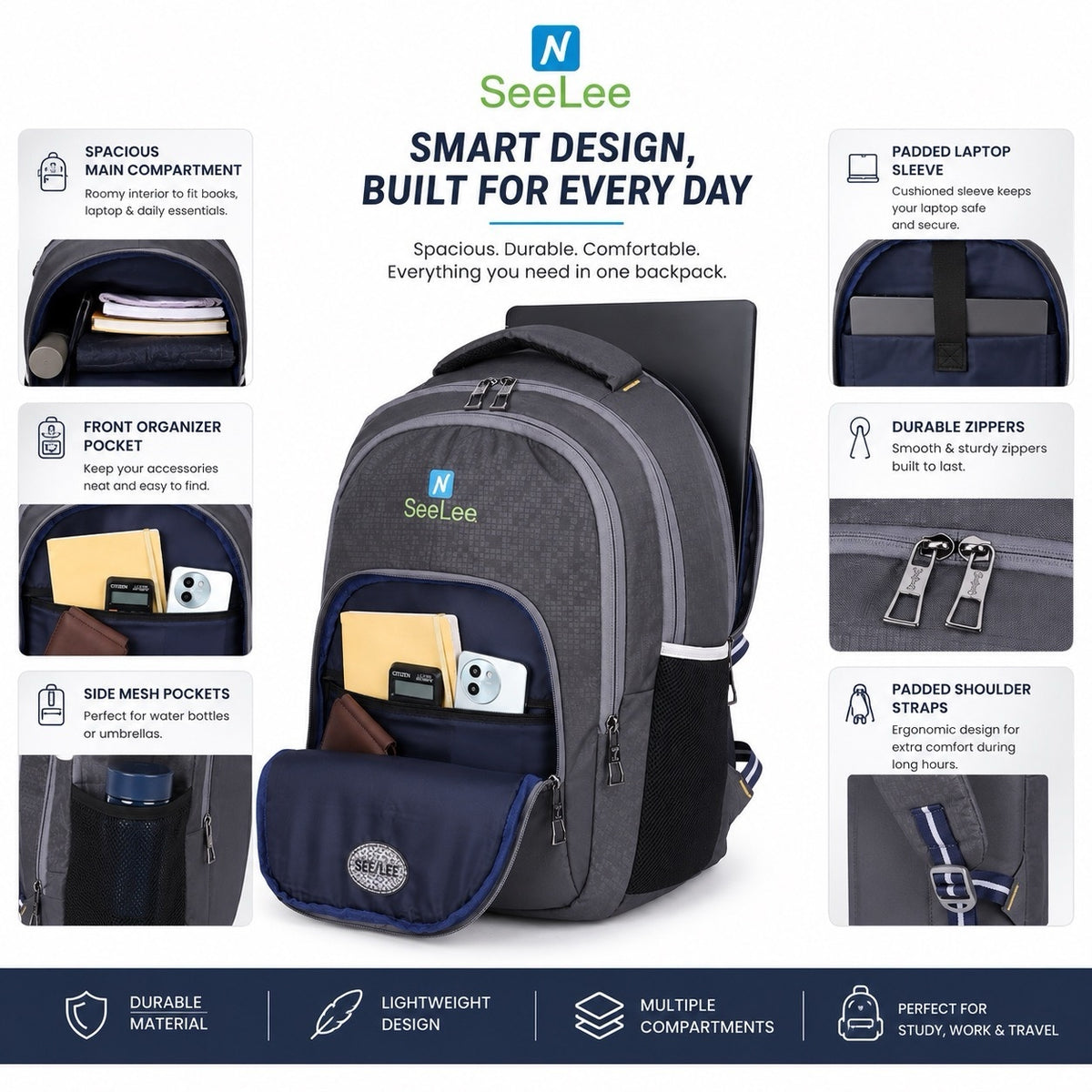 SeeNLee Unisex Laptop Backpack with Multiple Compartments, Bottle Pocket & Padded Shoulder Straps | Spacious School, College, Office & Travel Backpack – Charcoal Grey