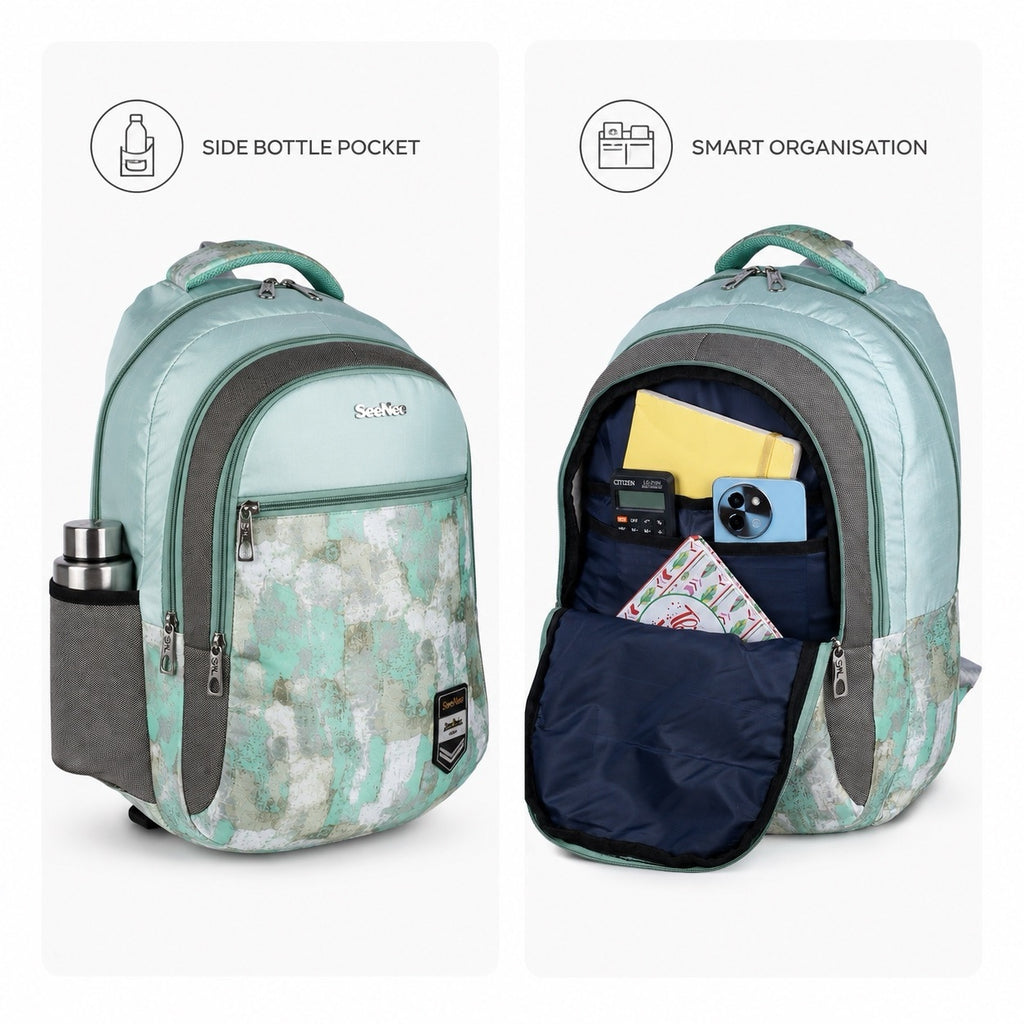 SeeNLee Unisex Printed Laptop Backpack with Multiple Compartments, Bottle Pocket & Padded Shoulder Straps | Spacious School, College, Office & Travel Backpack – Mint Green & Grey
