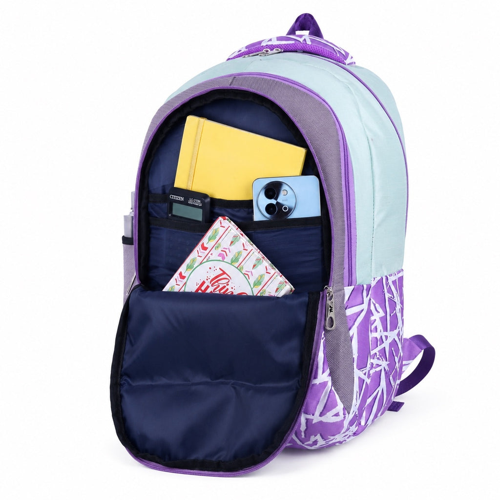 SeeNLee Unisex Printed Laptop Backpack with Multiple Compartments, Bottle Pocket & Padded Shoulder Straps | Spacious College, School, Office & Travel Backpack – Purple & Sky Blue