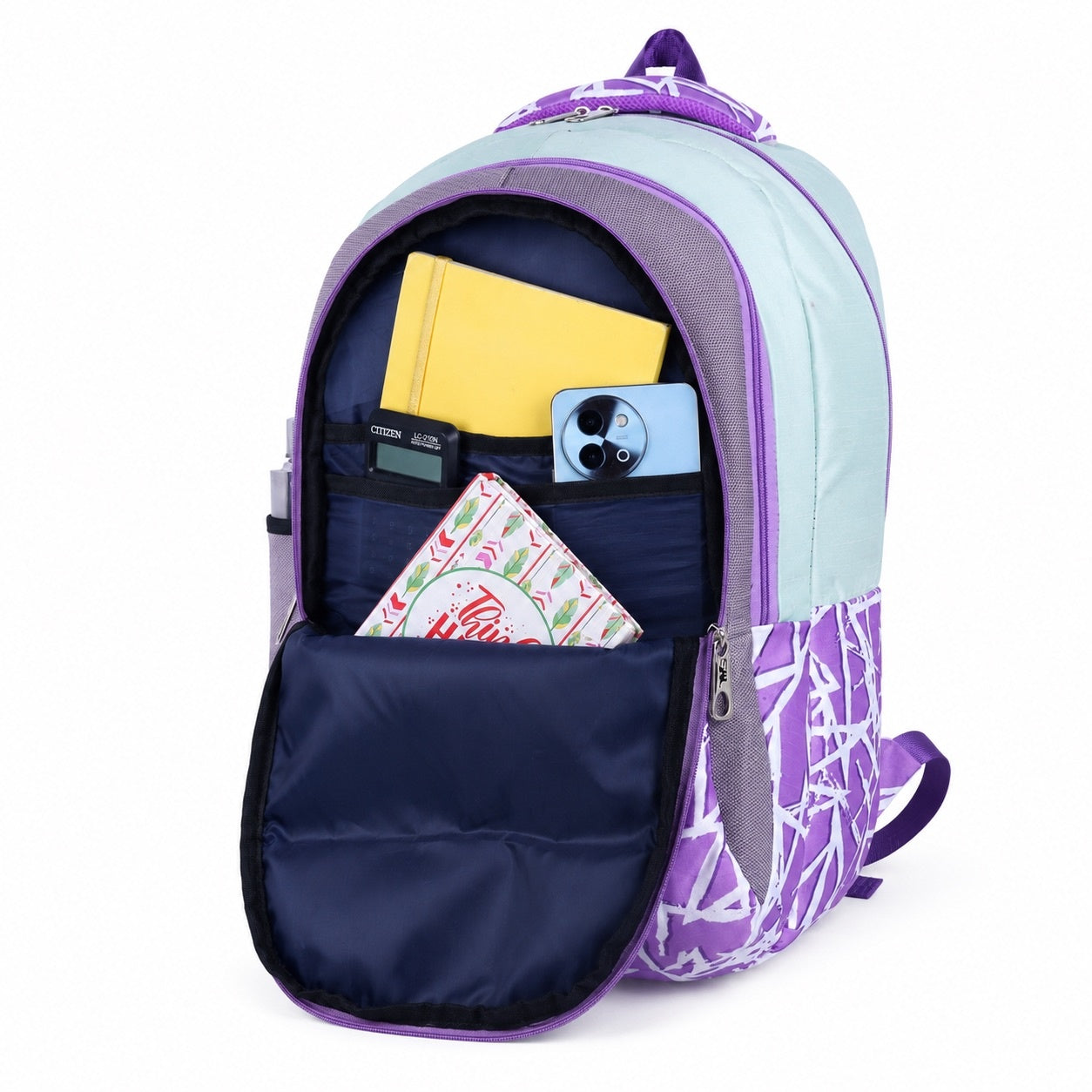 SeeNLee Unisex Printed Laptop Backpack with Multiple Compartments, Bottle Pocket & Padded Shoulder Straps | Spacious College, School, Office & Travel Backpack – Purple & Sky Blue