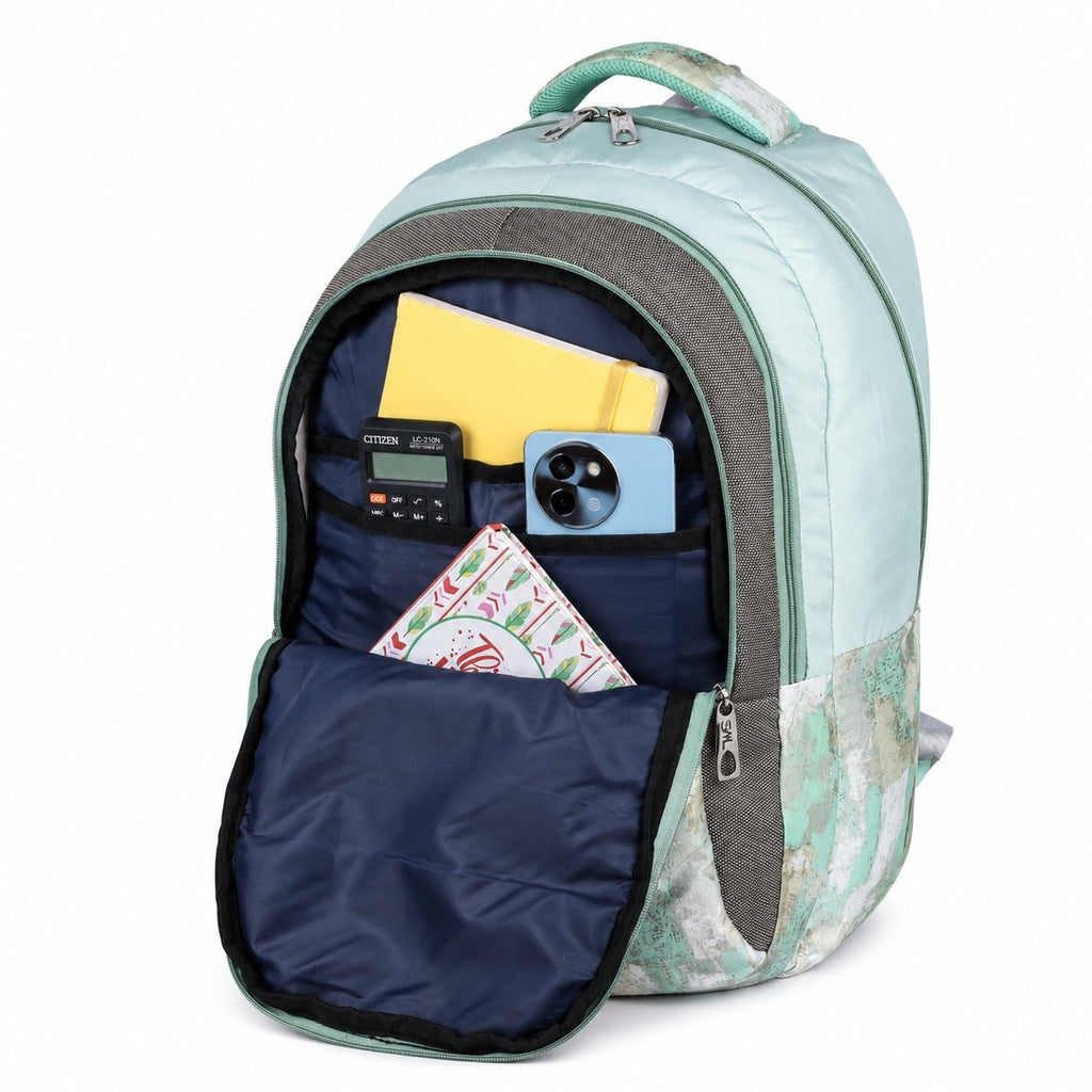SeeNLee Unisex Printed Laptop Backpack with Multiple Compartments, Bottle Pocket & Padded Shoulder Straps | Spacious School, College, Office & Travel Backpack – Mint Green & Grey