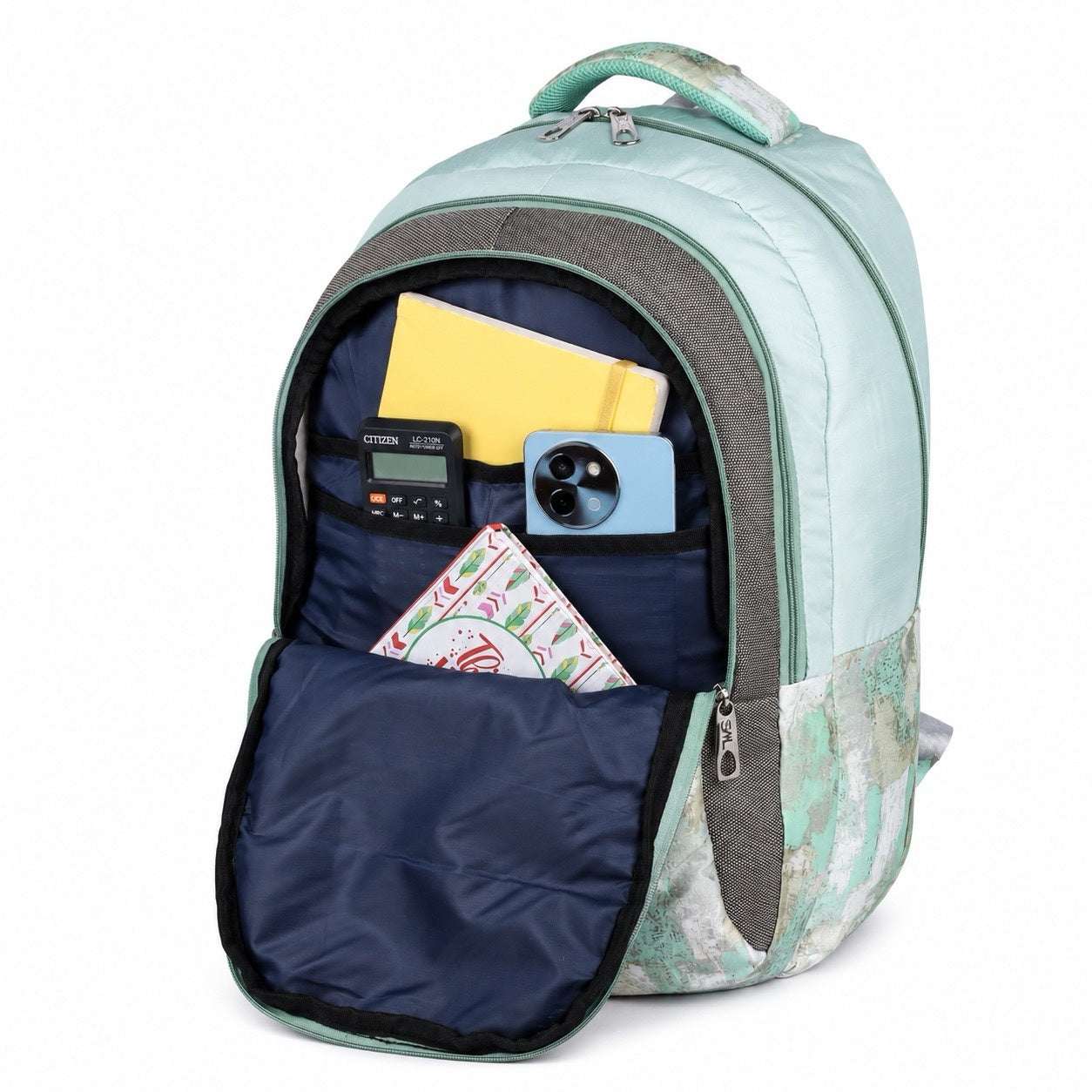 SeeNLee Unisex Printed Laptop Backpack with Multiple Compartments, Bottle Pocket & Padded Shoulder Straps | Spacious School, College, Office & Travel Backpack – Mint Green & Grey