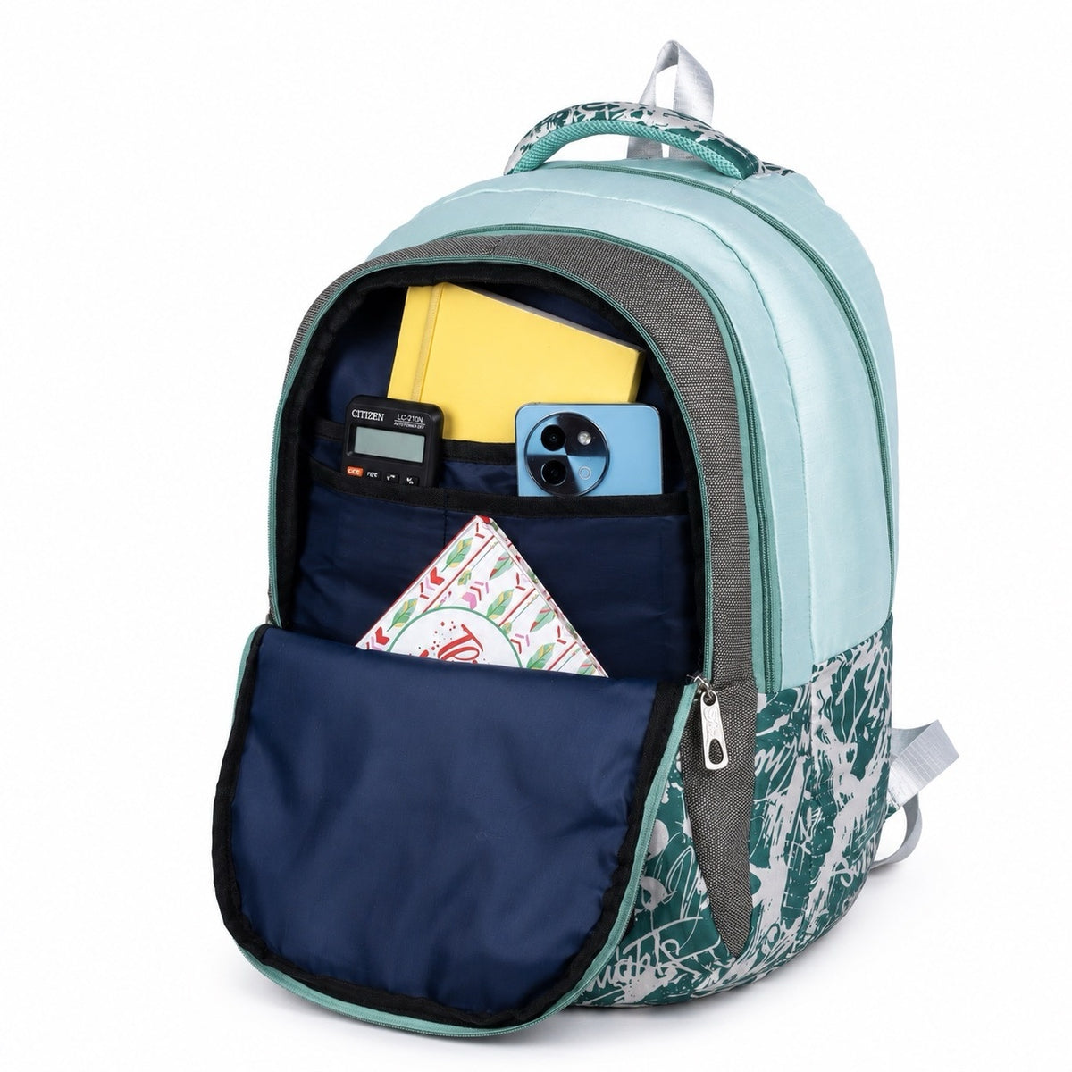 SeeNLee Unisex Printed Laptop Backpack with Multiple Compartments, Bottle Pocket & Padded Shoulder Straps | Stylish School, College, Office & Travel Bag – Aqua Blue & Dark Green