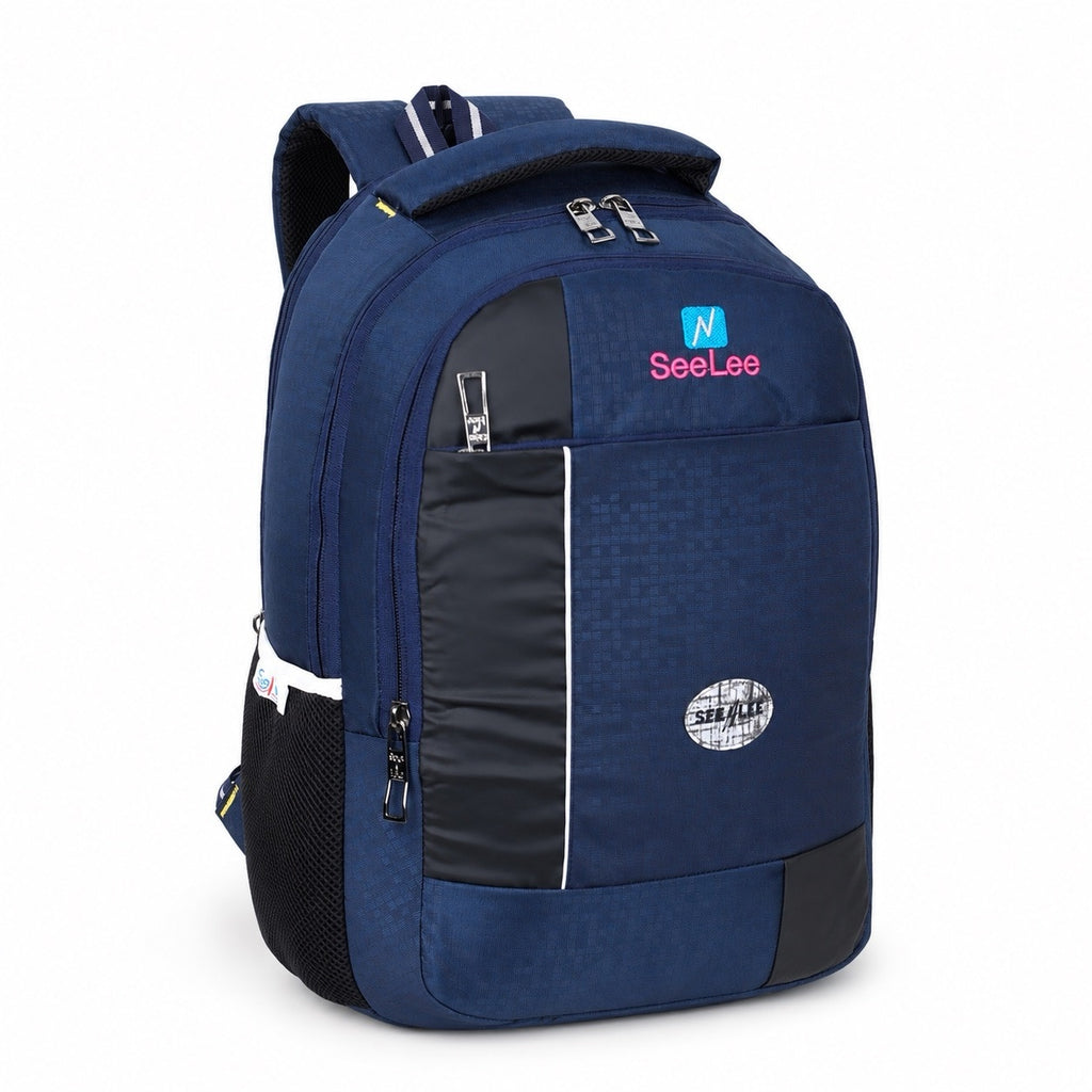SeeNLee Unisex Laptop Backpack with Multiple Compartments, Bottle Pocket & Padded Shoulder Straps | Spacious College, School, Office & Travel Backpack – Navy Blue & Black