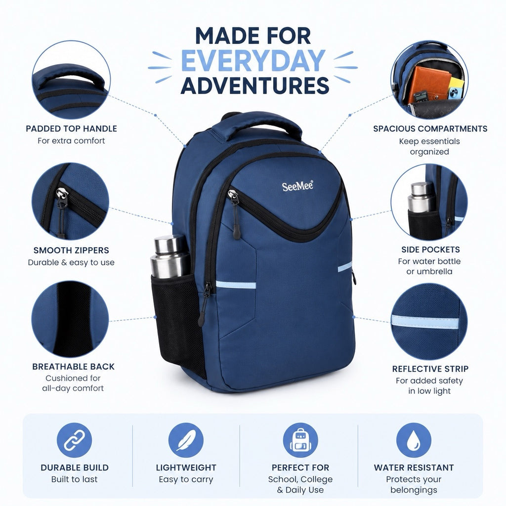 SeeNLee Unisex Laptop Backpack with Multiple Compartments, Bottle Pocket & Padded Shoulder Straps | Spacious School, College, Office & Travel Backpack – Navy Blue