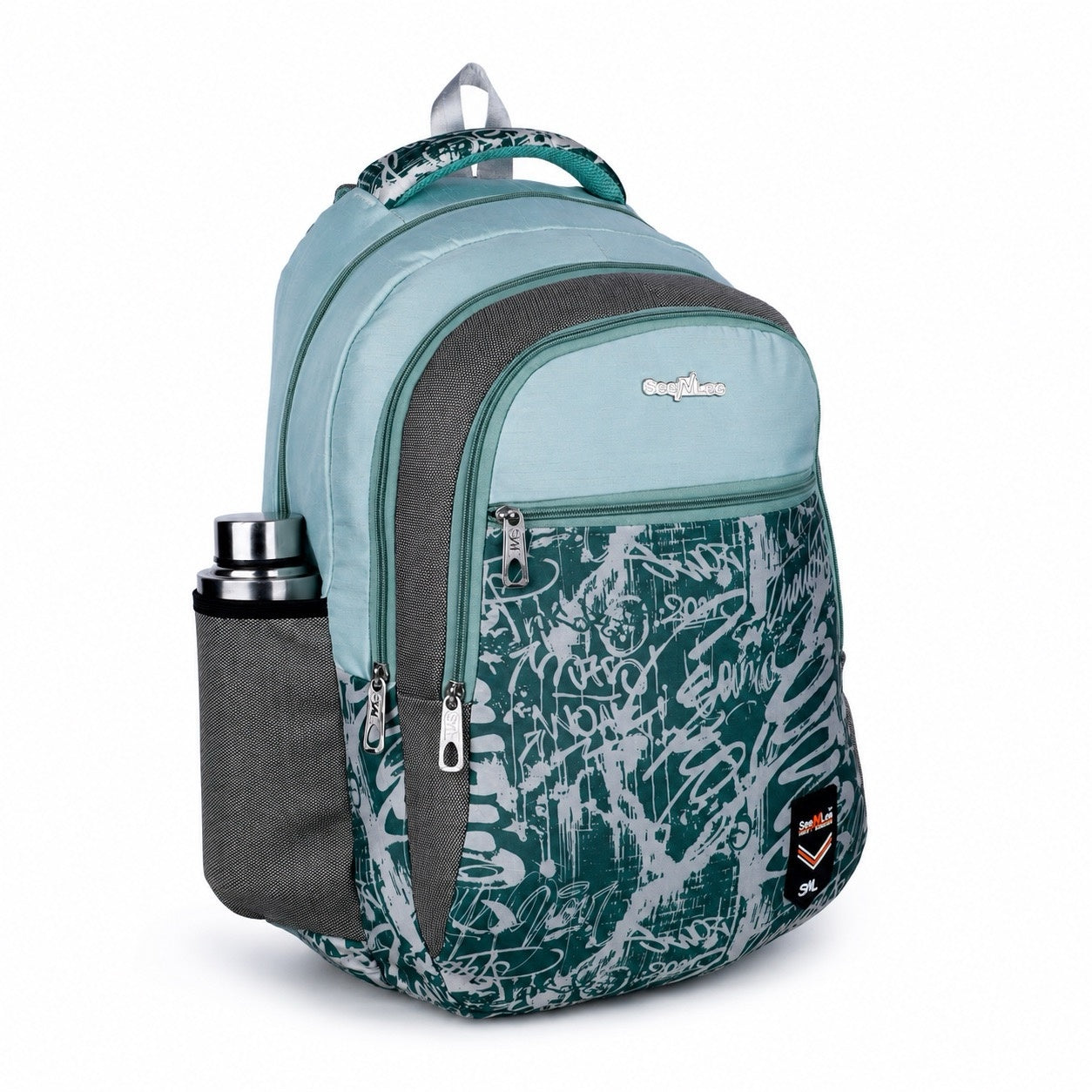 SeeNLee Unisex Printed Laptop Backpack with Multiple Compartments, Bottle Pocket & Padded Shoulder Straps | Stylish School, College, Office & Travel Bag – Aqua Blue & Dark Green