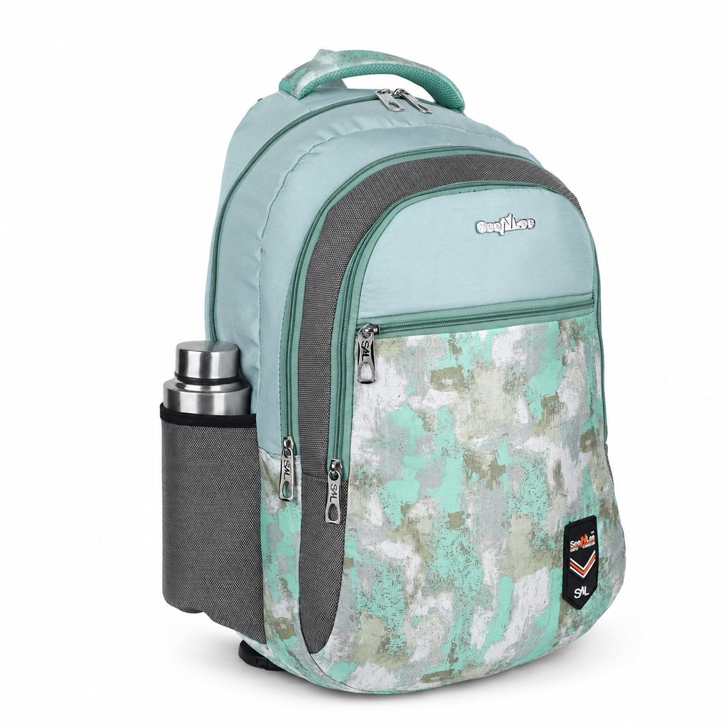 SeeNLee Unisex Printed Laptop Backpack with Multiple Compartments, Bottle Pocket & Padded Shoulder Straps | Spacious School, College, Office & Travel Backpack – Mint Green & Grey