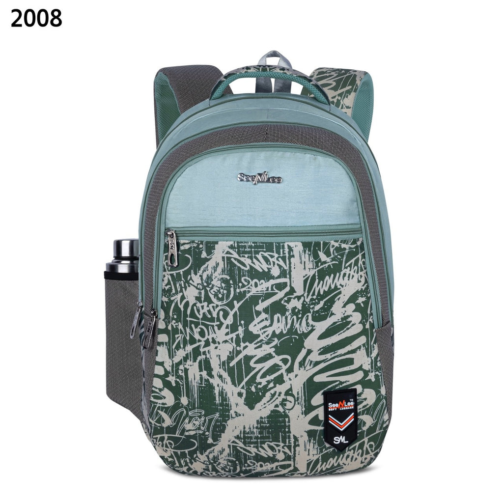 SeeNLee Unisex Printed Laptop Backpack with Multiple Compartments, Bottle Pocket & Padded Shoulder Straps | Stylish School, College, Office & Travel Bag – Aqua Blue & Dark Green