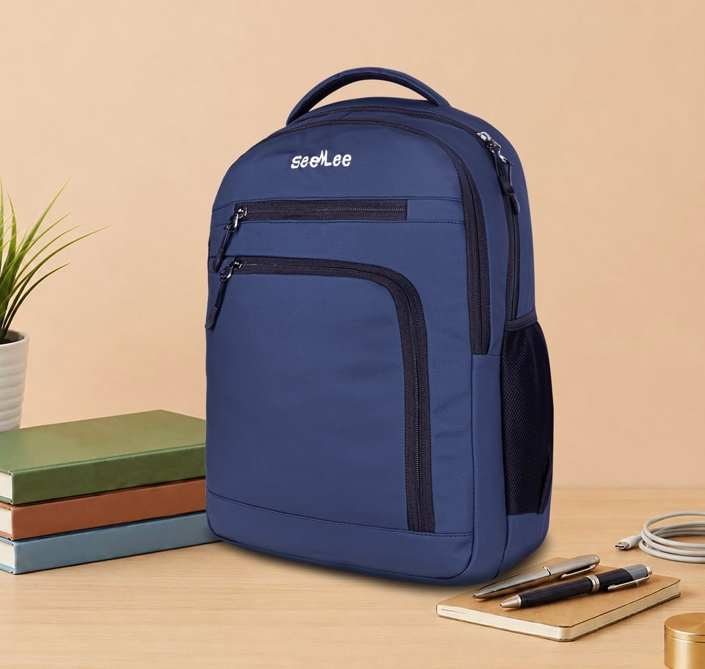 SeeNLee Unisex Laptop Backpack with Multiple Compartments, Quick Access Front Pockets, Bottle Pocket & Padded Shoulder Straps | College, School, Office & Travel Backpack – Navy Blue