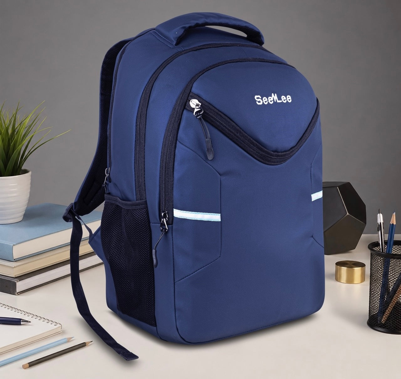 SeeNLee Unisex Laptop Backpack with Multiple Compartments, Bottle Pocket & Padded Shoulder Straps | Spacious School, College, Office & Travel Backpack – Navy Blue