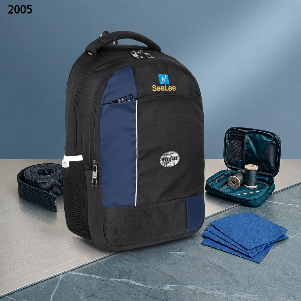 SeeNLee Unisex Laptop Backpack with Multiple Compartments, Bottle Pockets & Padded Shoulder Straps | Spacious School, College, Office & Travel Backpack – Black & Navy Blue