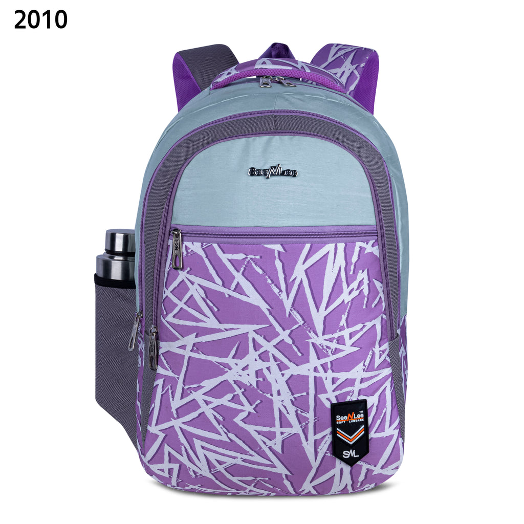 SeeNLee Unisex Printed Laptop Backpack with Multiple Compartments, Bottle Pocket & Padded Shoulder Straps | Spacious College, School, Office & Travel Backpack – Purple & Sky Blue