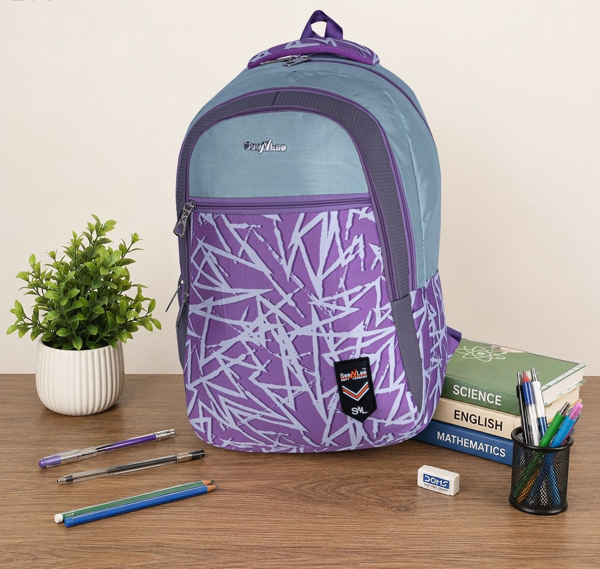SeeNLee Unisex Printed Laptop Backpack with Multiple Compartments, Bottle Pocket & Padded Shoulder Straps | Spacious College, School, Office & Travel Backpack – Purple & Sky Blue