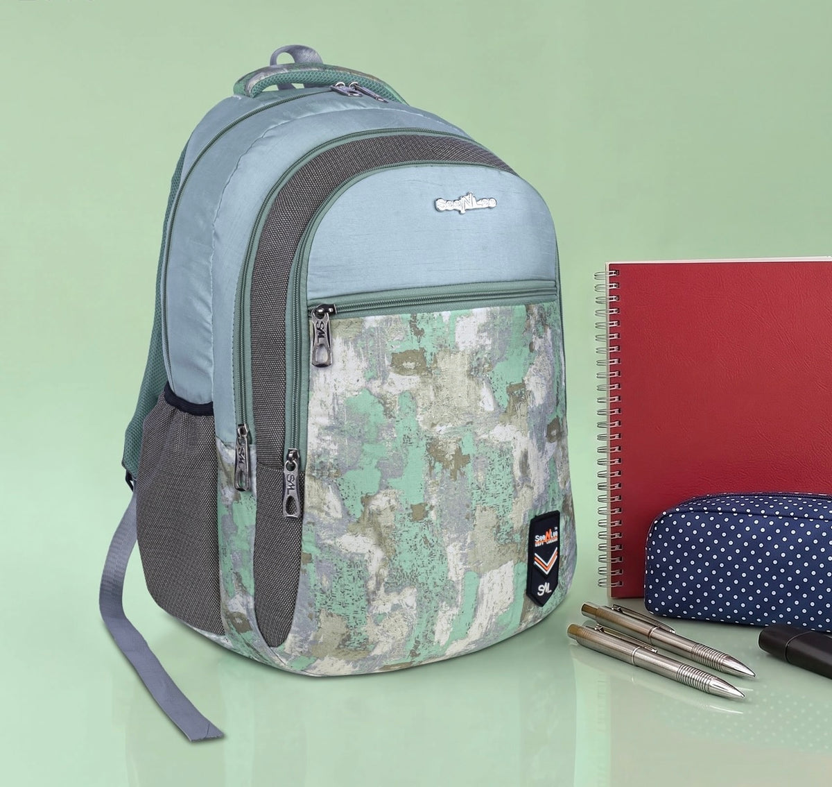 SeeNLee Unisex Printed Laptop Backpack with Multiple Compartments, Bottle Pocket & Padded Shoulder Straps | Spacious School, College, Office & Travel Backpack – Mint Green & Grey