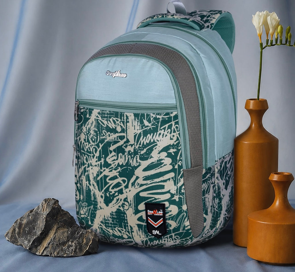 SeeNLee Unisex Printed Laptop Backpack with Multiple Compartments, Bottle Pocket & Padded Shoulder Straps | Stylish School, College, Office & Travel Bag – Aqua Blue & Dark Green