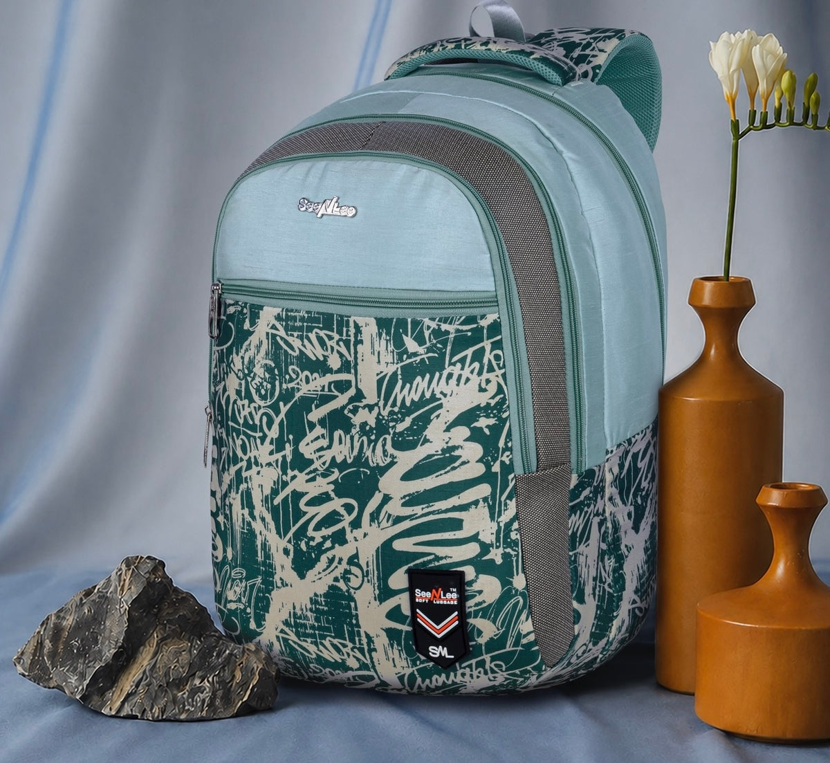SeeNLee Unisex Printed Laptop Backpack with Multiple Compartments, Bottle Pocket & Padded Shoulder Straps | Stylish School, College, Office & Travel Bag – Aqua Blue & Dark Green