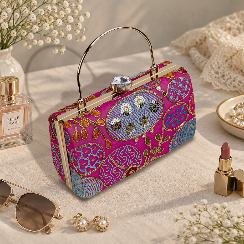 KarryQ Rani Pink Sequin Oval Embroidered Top Handle Box Clutch
