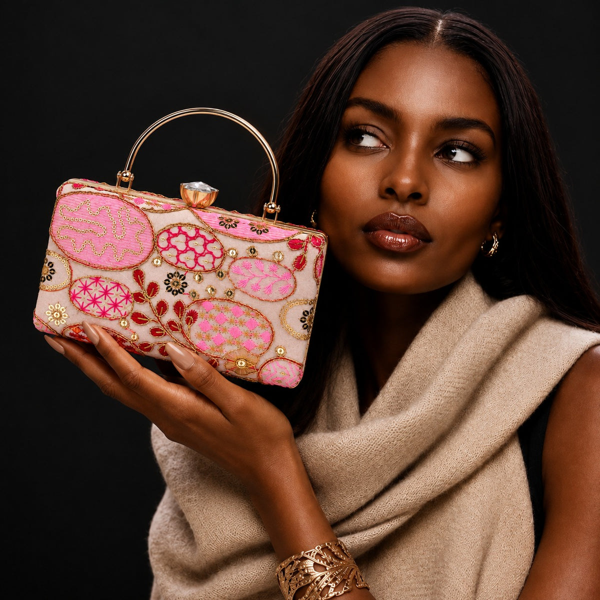 KarryQ Baby Pink Sequin Oval Box Clutch