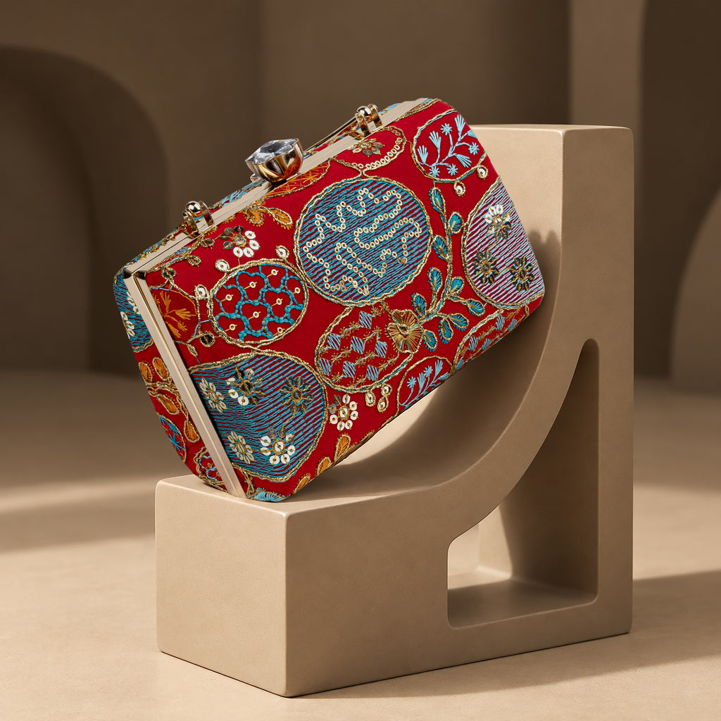 KarryQ Red Sequin Oval Embroidered Top Handle Box Clutch