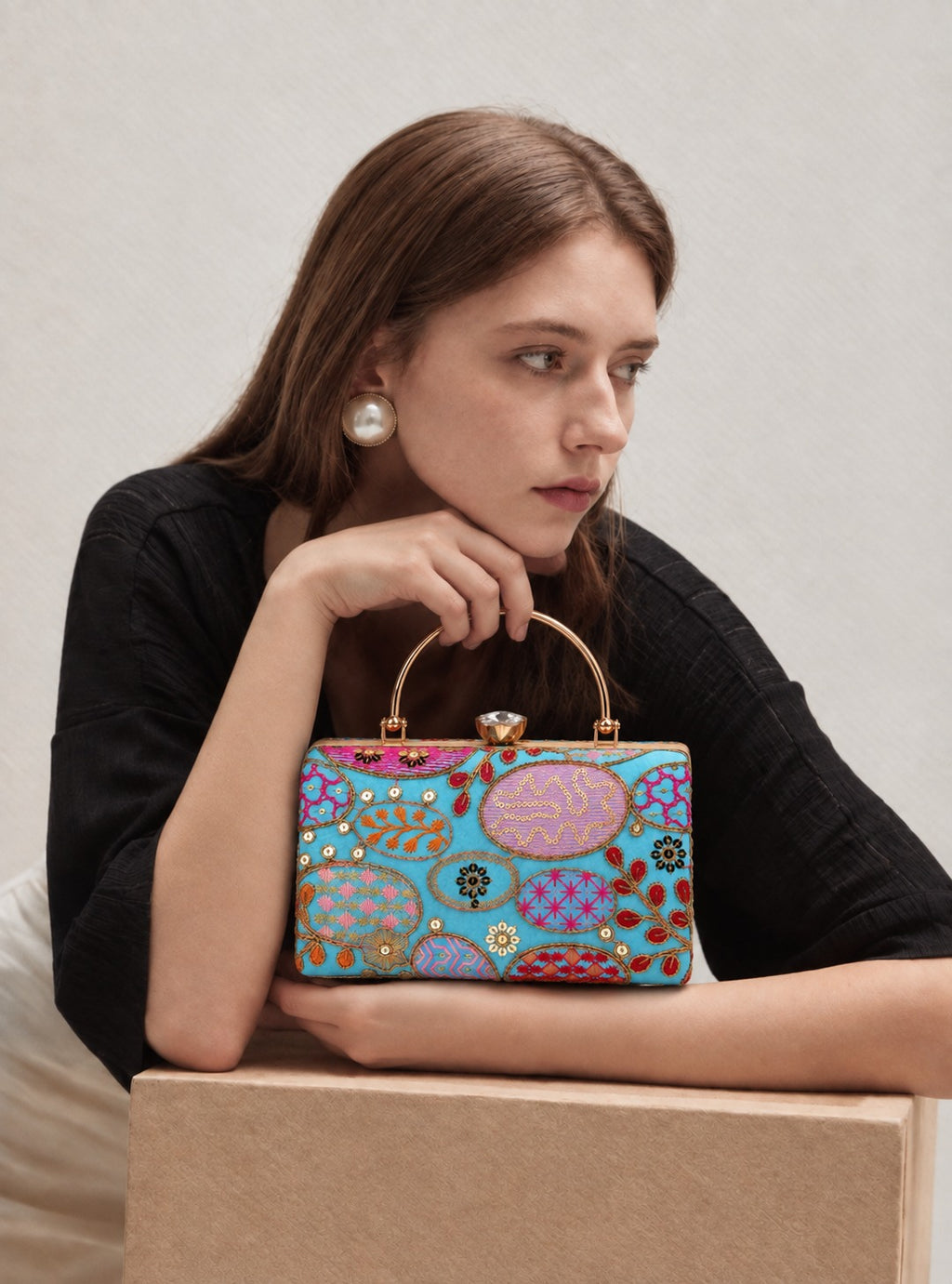 KarryQ Sky Blue Sequin Oval Box Clutch