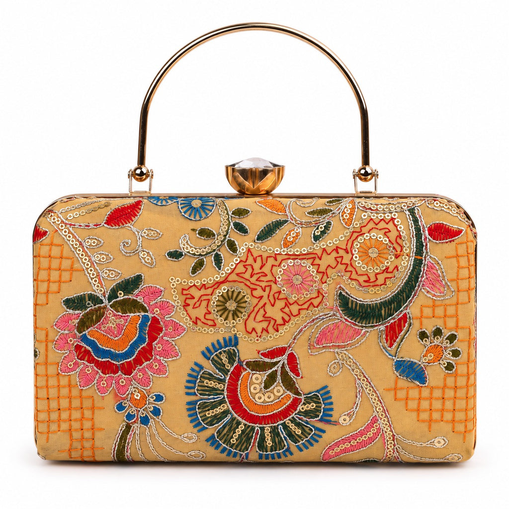 KarryQ Mustard Yellow Floral Jaal Box Clutch