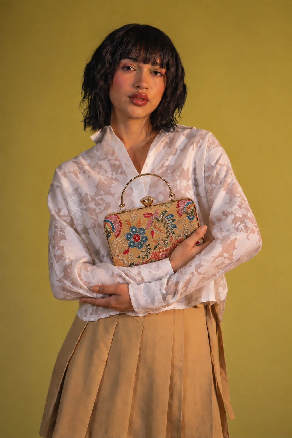 KarryQ Mustard Yellow Floral Jaal Box Clutch