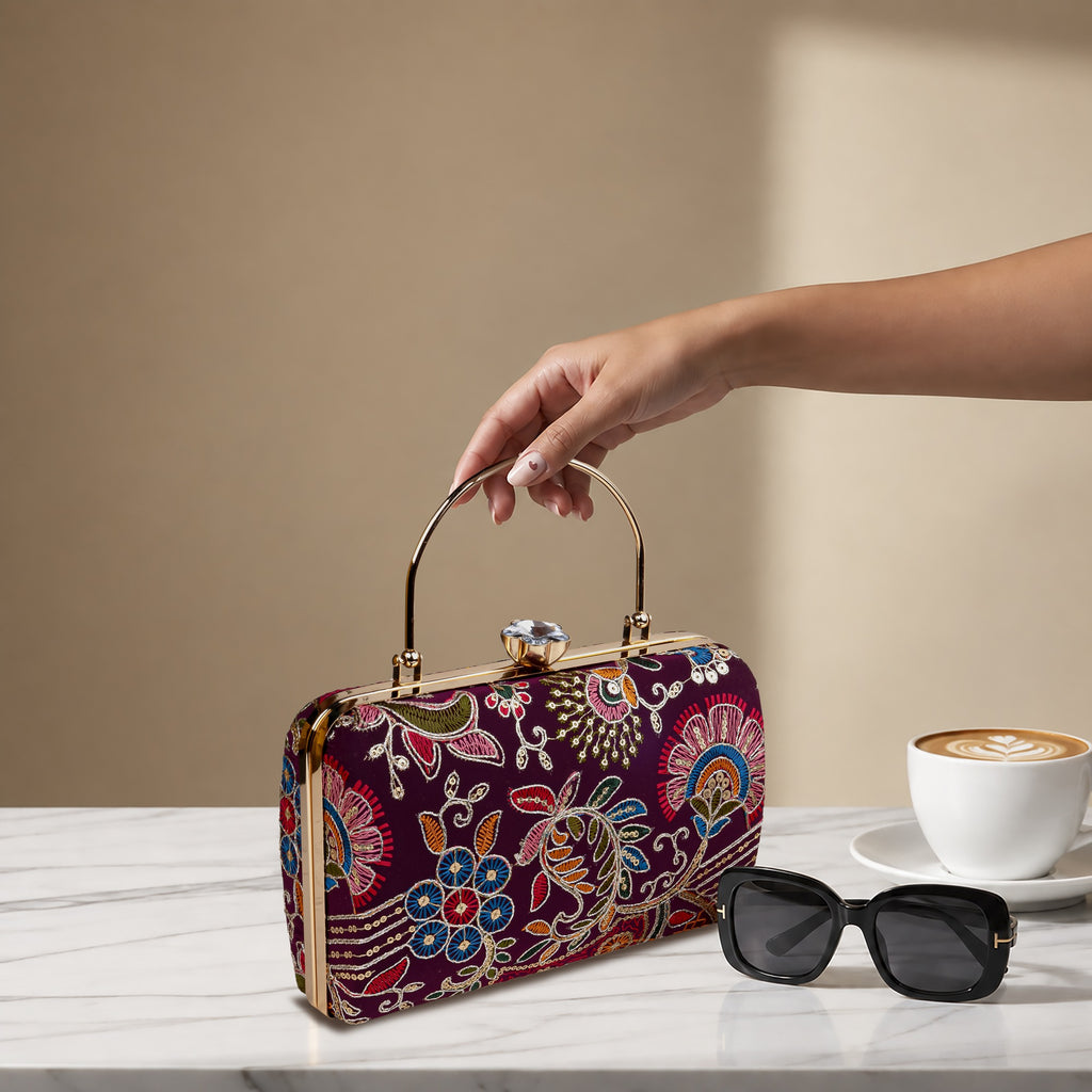 KarryQ Maroon Floral Paisley Embroidered Top Handle Box Clutch