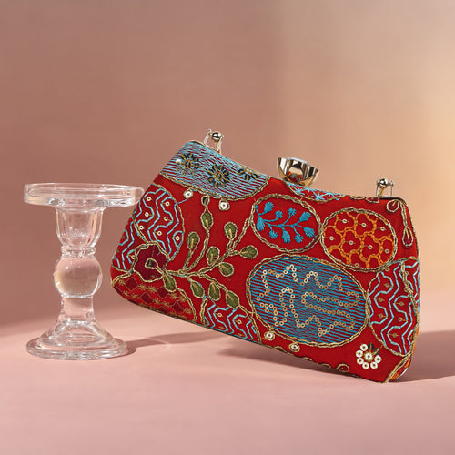 KarryQ Red Sequin Oval Embroidered Curved Frame Clutch