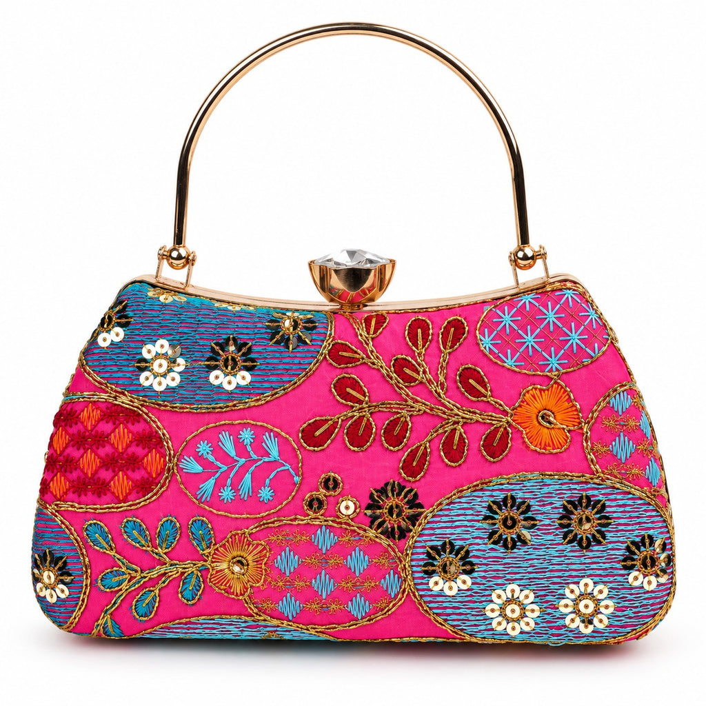 KarryQ Pink and Blue Oval Motif Curved Frame Clutch