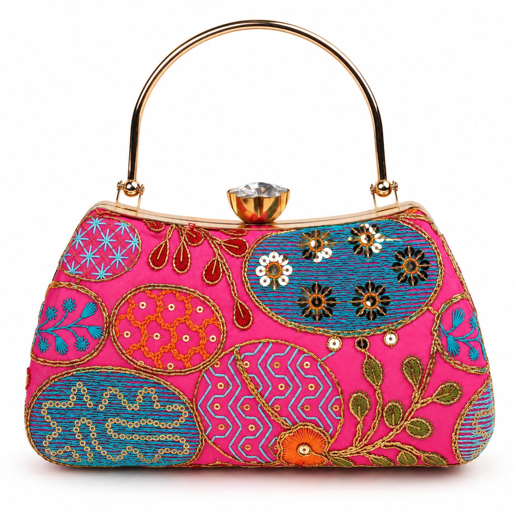 KarryQ Pink and Blue Oval Motif Curved Frame Clutch