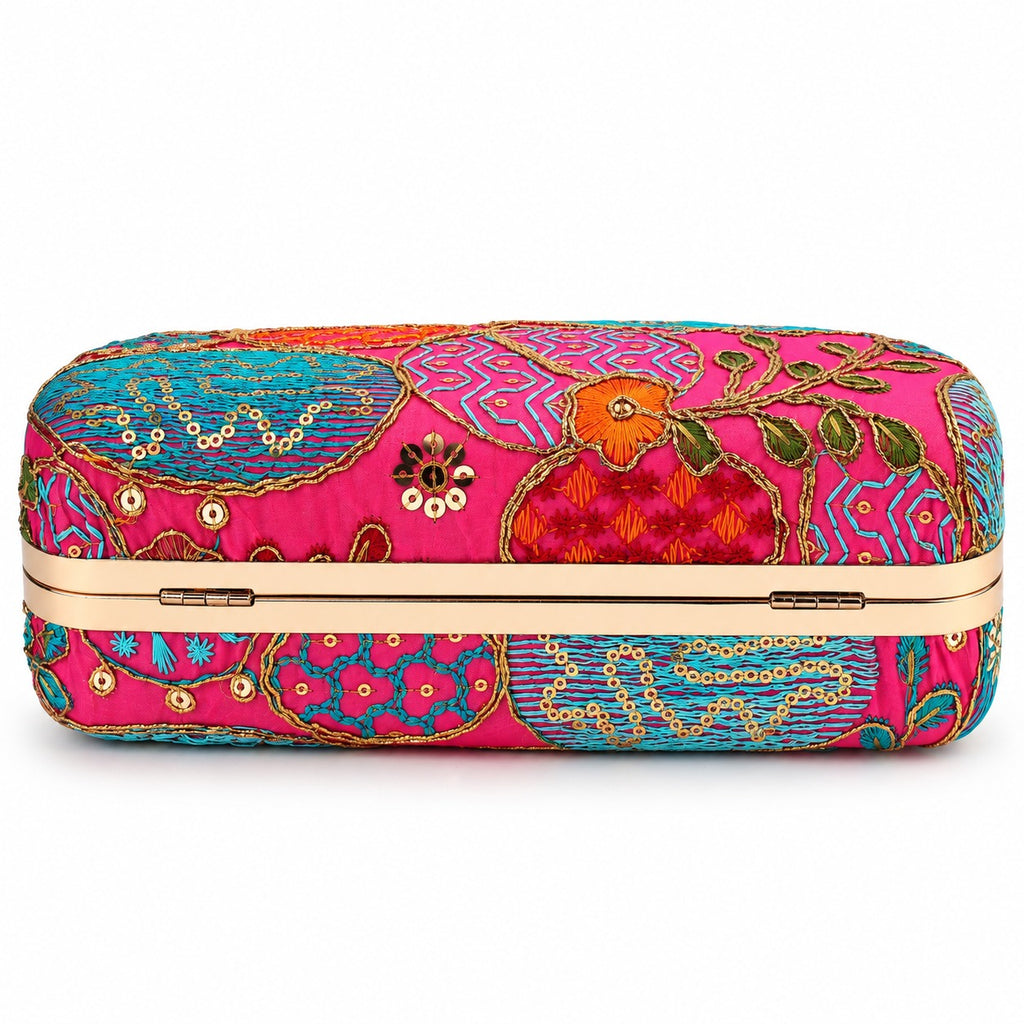 KarryQ Pink and Blue Oval Motif Curved Frame Clutch
