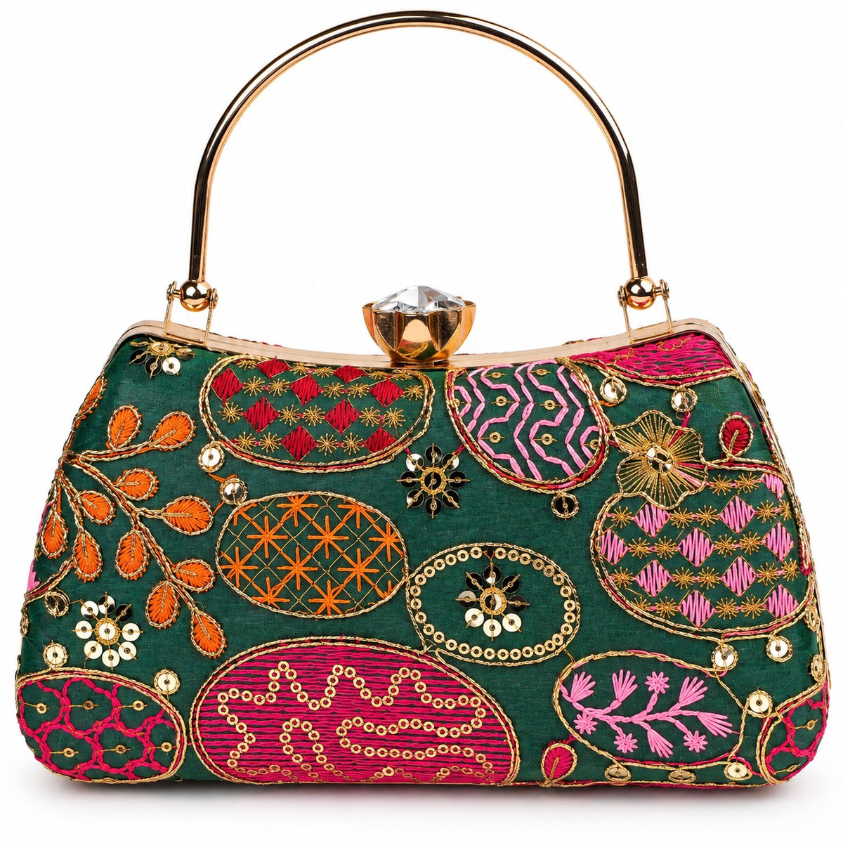 KarryQ Bottle Green Sequin Oval Curved Frame Clutch