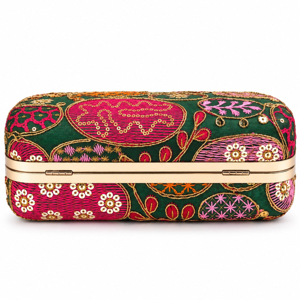 KarryQ Bottle Green Sequin Oval Curved Frame Clutch