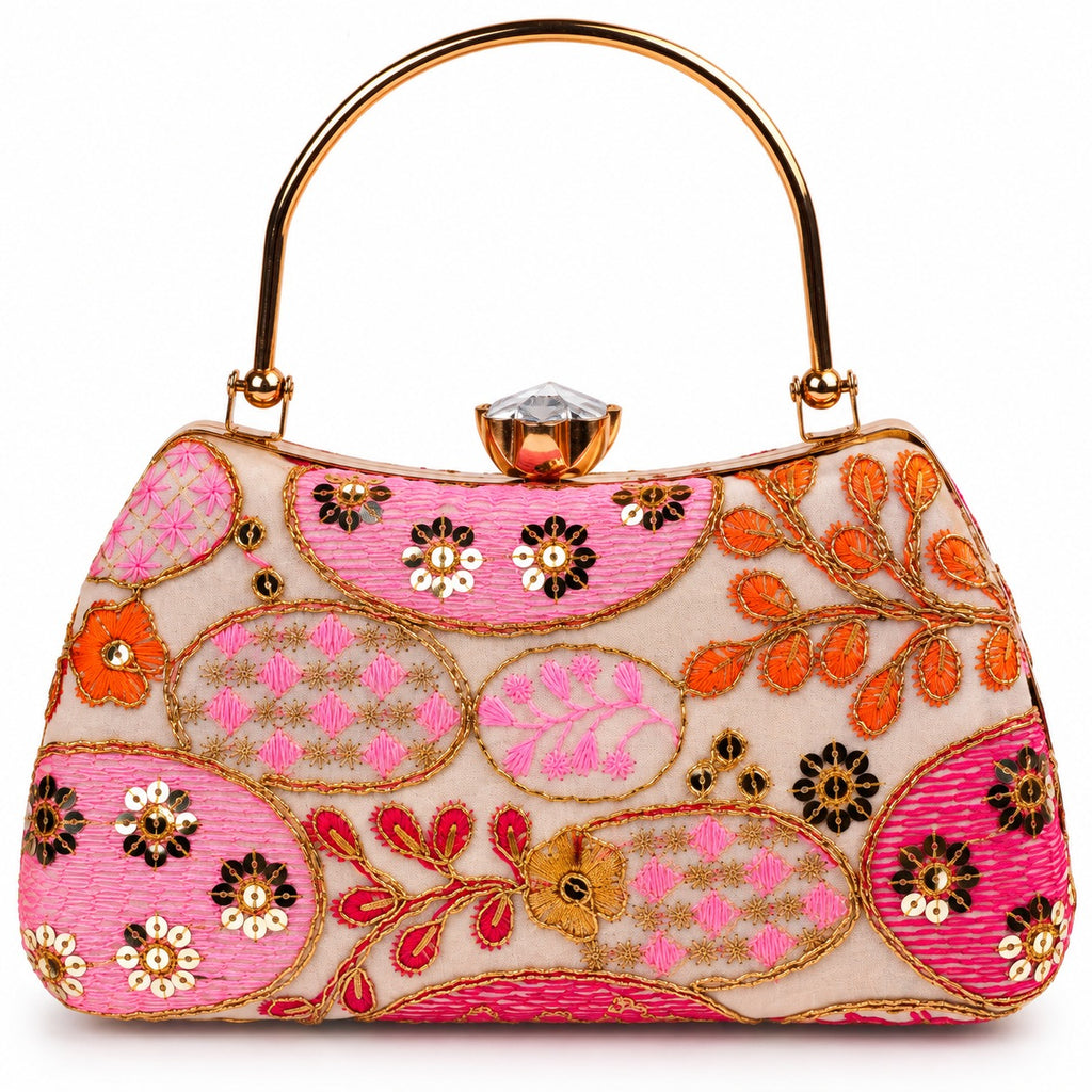 KarryQ Rose Pink Sequin Oval Curved Frame Clutch