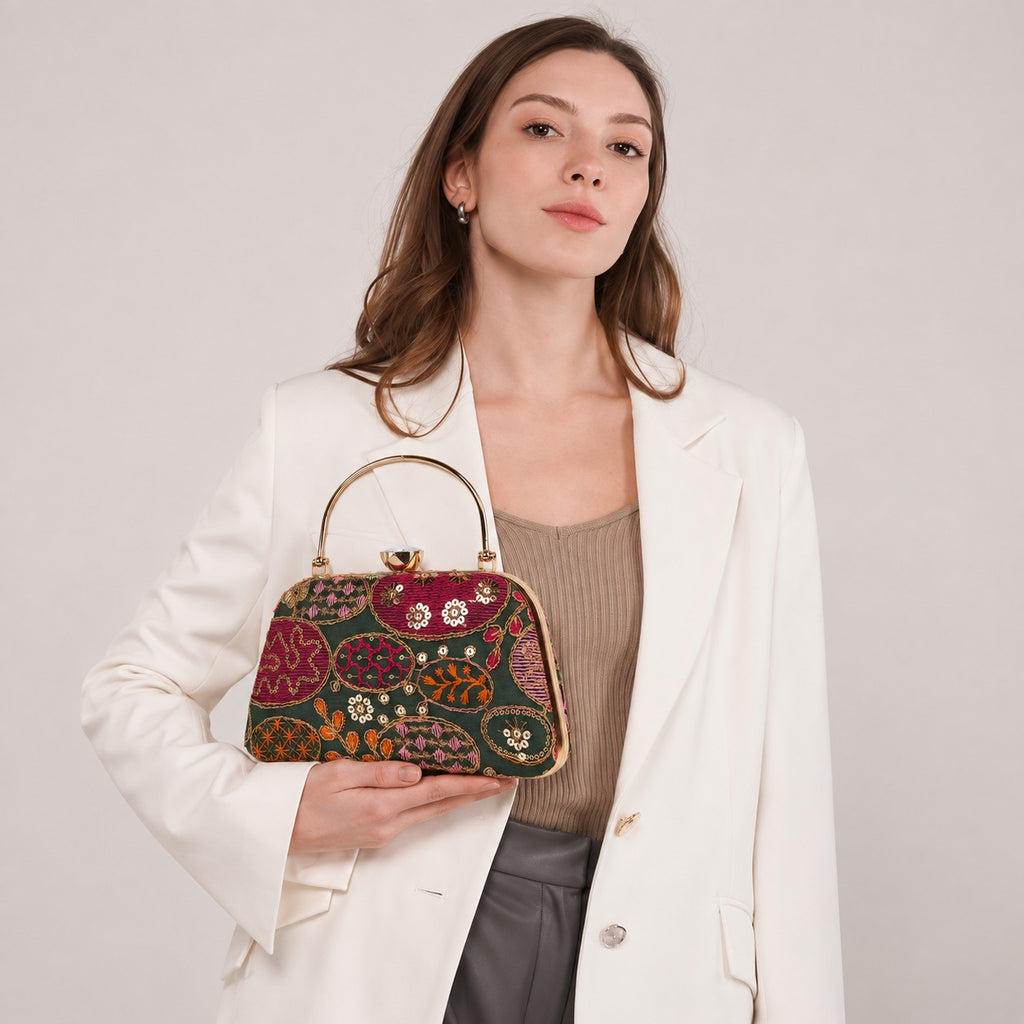 KarryQ Emerald Green Sequin Oval Curved Frame Clutch