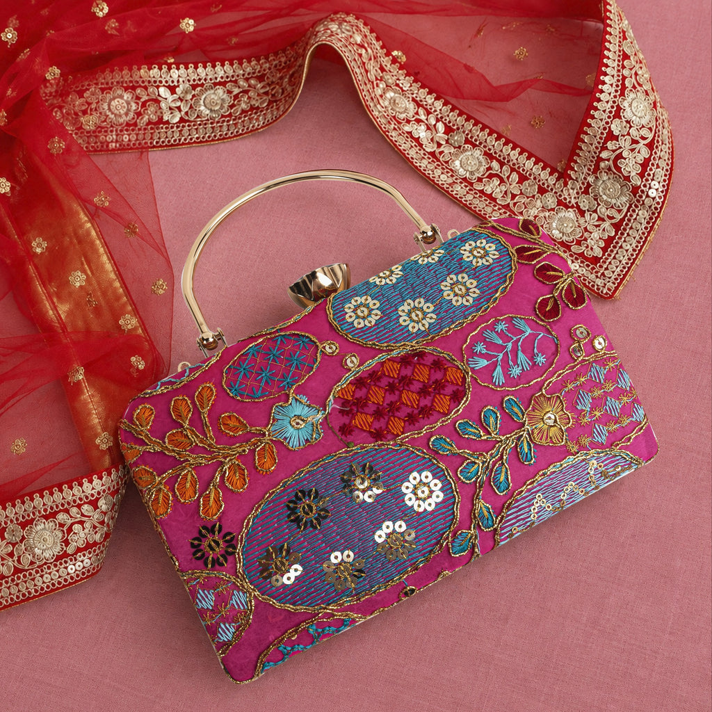 KarryQ Hot Pink Sequin Oval Embroidered Top Handle Box Clutch
